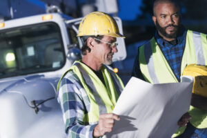 Two workmen in safety vests with truck