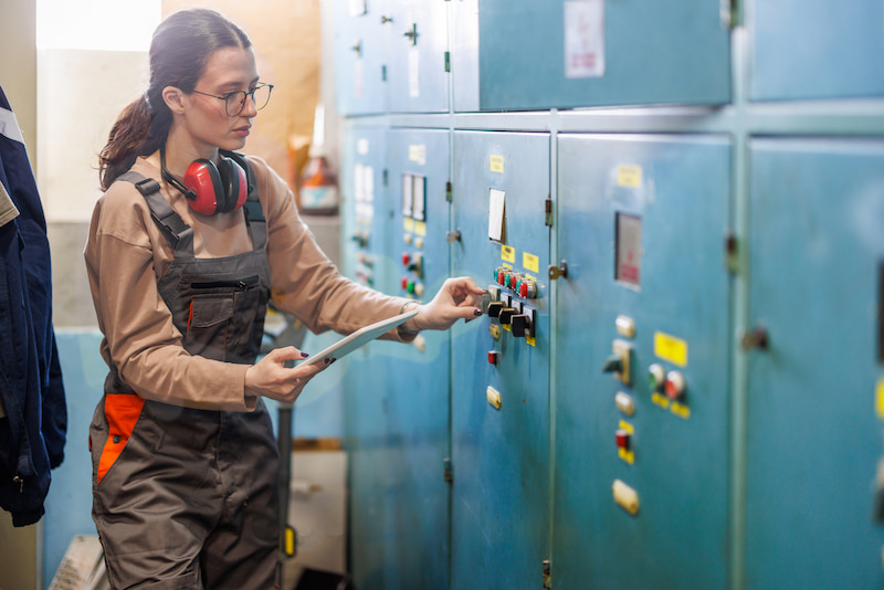 engineer wearing gray overalls adjusting dials